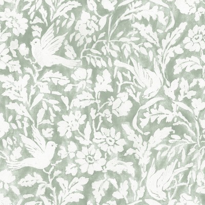 Roth and Tompkins Textiles Everly Thyme  Green Multipurpose Cotton 100% Cotton Fire Rated Fabric Birds and Feather  Modern Contemporary Damask  Medium Print Floral  Floral Toile fabric by the yard.