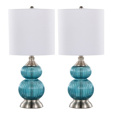 Lumisource Belle 20in Glass Accent Lamp - Set of 2 Clear Sapphire Blue Seeded Glass