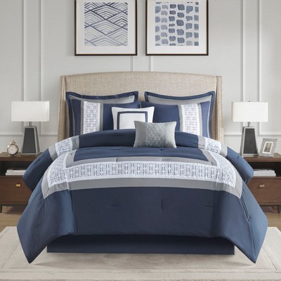 Olliix Powell 8 Piece Embroidered Comforter Set Navy