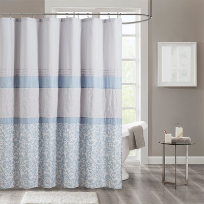 Olliix Ramsey Printed and Embroidered Shower Curtain Blue