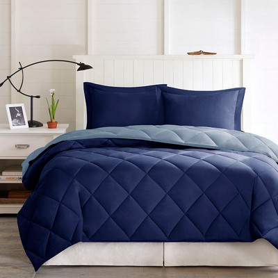 Olliix Larkspur 3M Scotchgard Diamond Quilting Reversible Down Alternative Comforter Set Navy/Light Blue