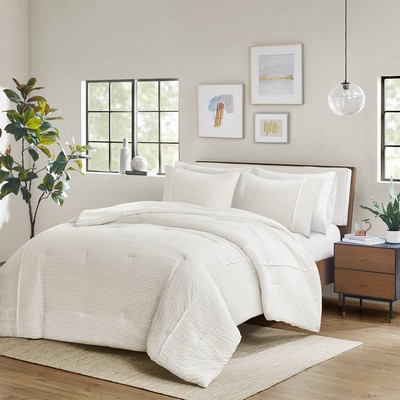 Olliix Apollo 3 Piece Striped Seersucker Oversized Comforter Set Ivory