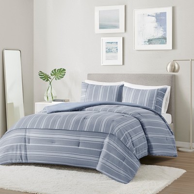 Olliix Kent 3 Piece Striped Herringbone Oversized Comforter Set Blue