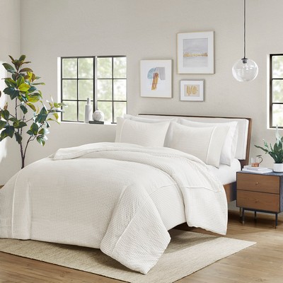 Olliix Apollo 3 Piece Striped Seersucker Oversized Duvet Cover Set Ivory