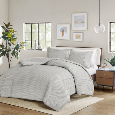 Olliix Apollo 3 Piece Striped Seersucker Oversized Duvet Cover Set Gray