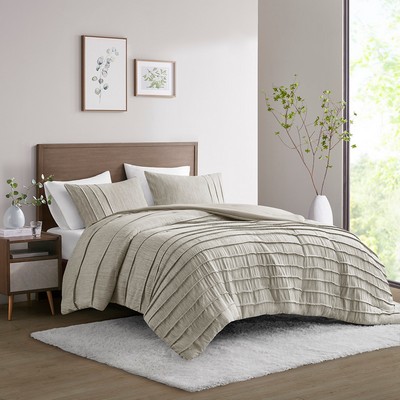 Olliix Maddox 3 Piece Striated Cationic Dyed Oversized Duvet Cover Set with Pleats Natural