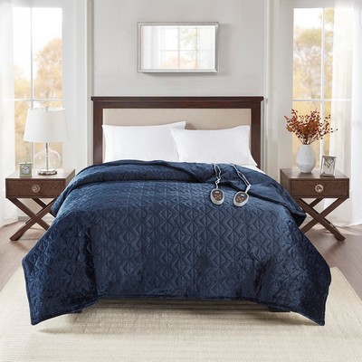 Olliix Quilted Plush Heated Blanket Navy