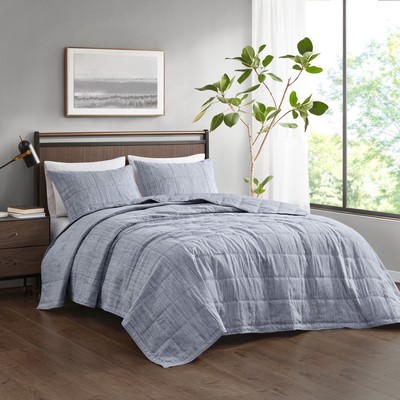 Olliix Guthrie 3 Piece Striated Cationic Dyed Oversized Quilt Set Blue