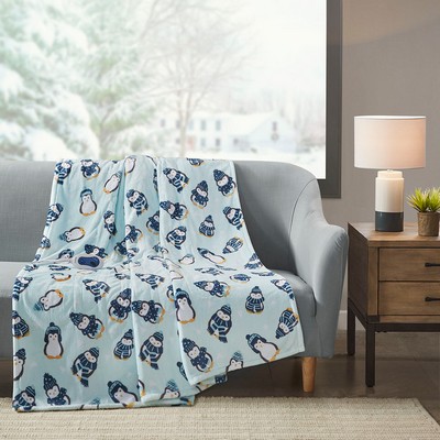 Olliix Oversized Plush Printed Heated Throw Aqua Penguins