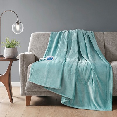 Olliix Heated Plush Throw Aqua