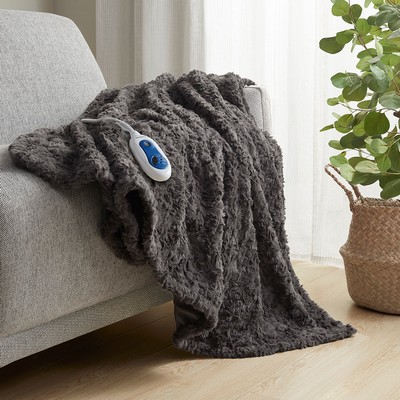 Olliix Zuri Oversized Faux Fur Heated Throw Dark Grey