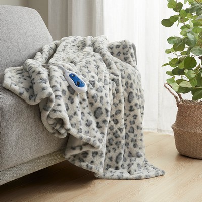 Olliix Zuri Oversized Faux Fur Heated Throw Grey Leopard