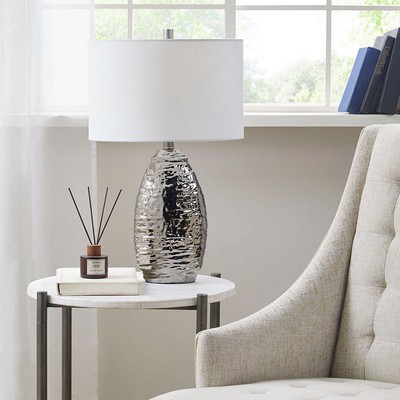 Olliix Livy Oval Textured Ceramic Table Lamp Silver Base/White Shade