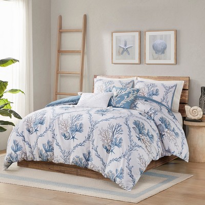 Olliix Pismo Beach 5 Piece Cotton Duvet Cover Set with Throw Pillows Blue/White