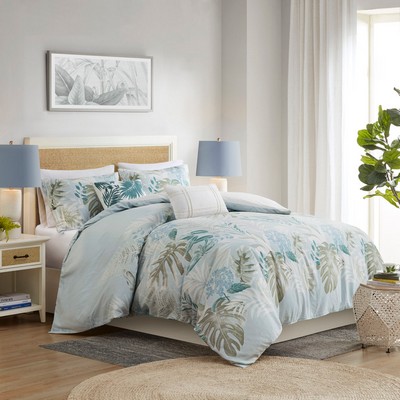 Olliix Kiawah Island 5 Piece Cotton Duvet Cover Set with Throw Pillow Blue