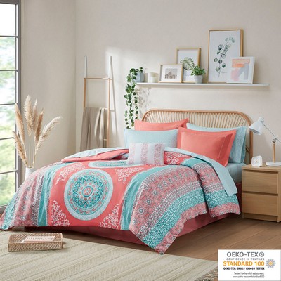 Olliix Loretta Boho Comforter Set with Bed Sheets Coral