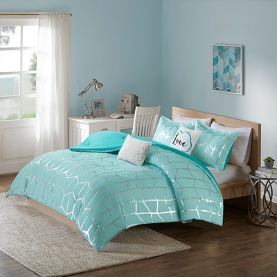 Olliix Raina Metallic Printed Comforter Set Aqua/Silver