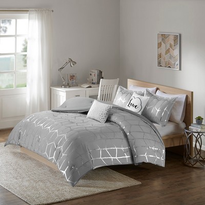 Olliix Raina Metallic Printed Comforter Set Grey/Silver