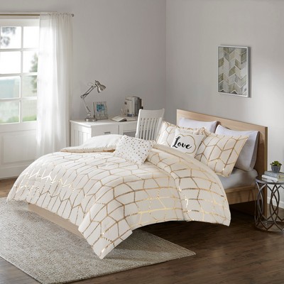 Olliix Raina Metallic Printed Comforter Set Ivory/Gold