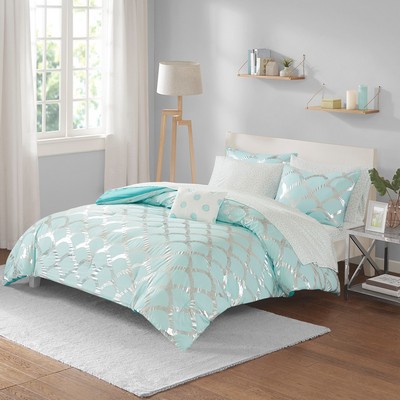 Olliix Lorna Metallic Comforter Set with Bed Sheets Aqua