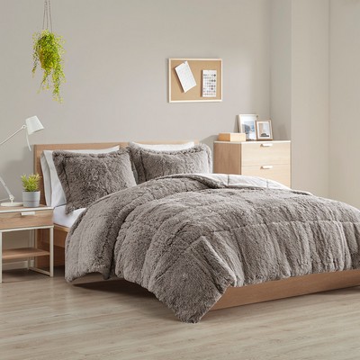 Olliix Malea Shaggy Long Fur Comforter Mini Set Grey