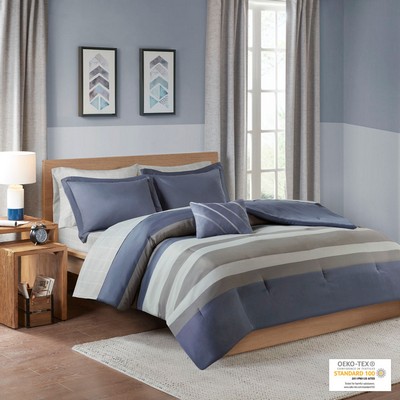 Olliix Marsden Striped Comforter Set with Bed Sheets Blue/Grey