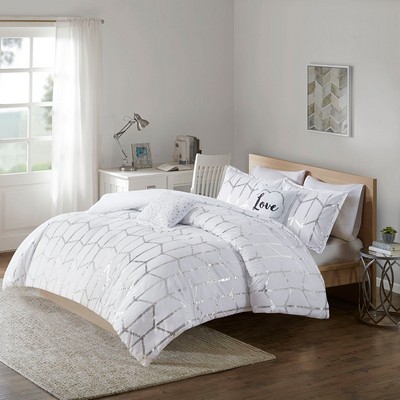 Olliix Raina Metallic Printed Comforter Set White/Silver