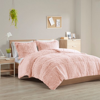 Olliix Malea Shaggy Long Fur Comforter Mini Set Blush