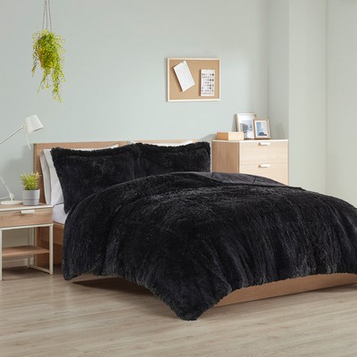 Olliix Malea Shaggy Long Fur Comforter Mini Set Black