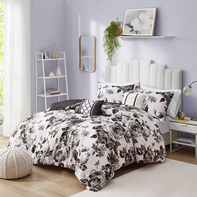 Olliix Dorsey Floral Print Comforter Set Black/White