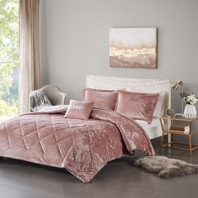 Olliix Felicia Velvet Comforter Set with Throw Pillow Blush