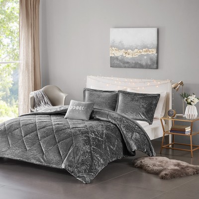 Olliix Felicia Velvet Comforter Set with Throw Pillow Grey