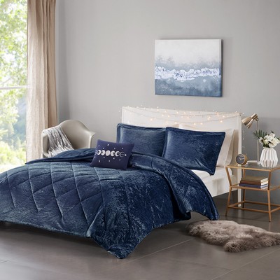 Olliix Felicia Velvet Comforter Set with Throw Pillow Navy