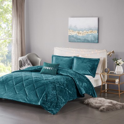 Olliix Felicia Velvet Comforter Set with Throw Pillow Teal