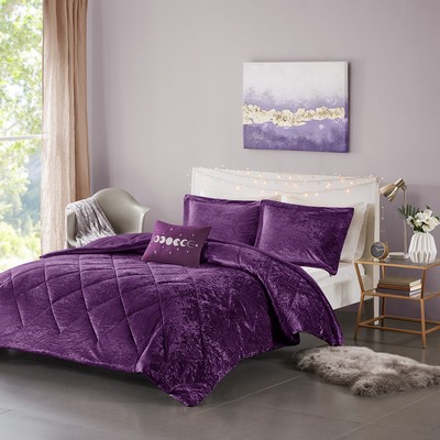 Olliix Felicia Velvet Comforter Set with Throw Pillow Purple