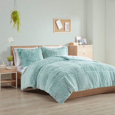 Olliix Malea Shaggy Long Fur Comforter Mini Set Aqua