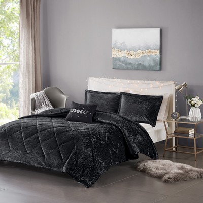 Olliix Felicia Velvet Comforter Set with Throw Pillow Black