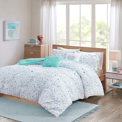 Olliix Abby Metallic Printed and Pintucked Comforter Set Aqua blue