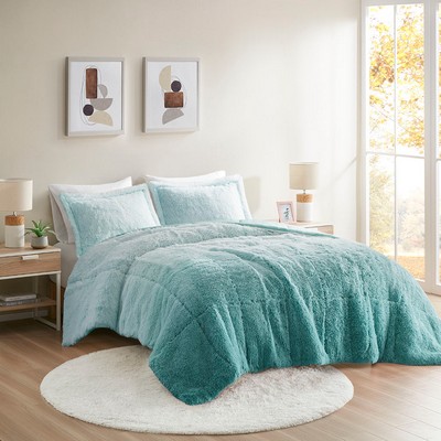 Olliix Brielle Ombre Shaggy Long Fur Comforter Mini Set Aqua