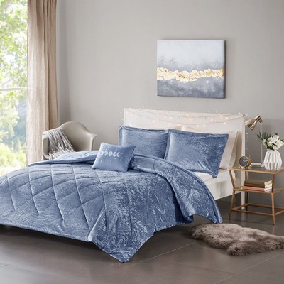 Olliix Felicia Velvet Comforter Set with Throw Pillow Blue