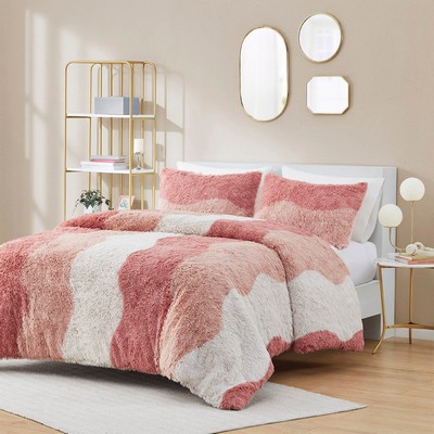 Olliix Cassie Ombre Shaggy Faux Fur Comforter Set Blush Multi