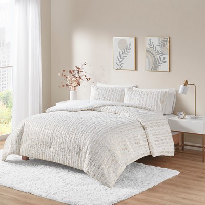 Olliix Naomi Metallic Print Faux Fur Comforter Set White/Gold