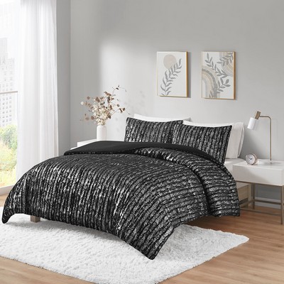 Olliix Naomi Metallic Print Faux Fur Comforter Set Black/Silver