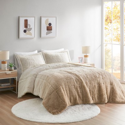 Olliix Brielle Ombre Shaggy Long Fur Comforter Mini Set Natural