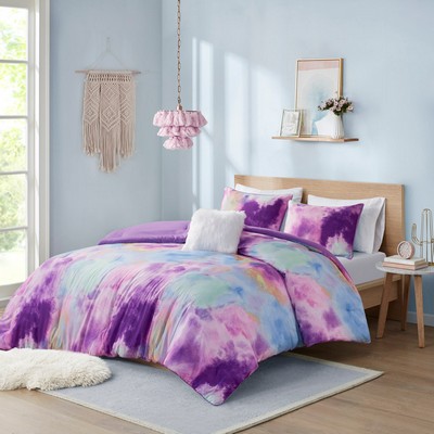 Olliix Cassiopeia Watercolor Tie Dye Printed Comforter Set with Throw Pillow Lavender