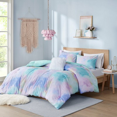 Olliix Cassiopeia Watercolor Tie Dye Printed Comforter Set with Throw Pillow Aqua