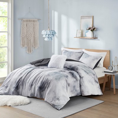 Olliix Cassiopeia Watercolor Tie Dye Printed Comforter Set with Throw Pillow Charcoal