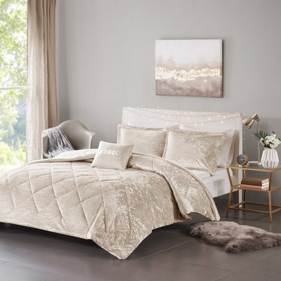 Olliix Felicia Velvet Comforter Set with Throw Pillow Champagne