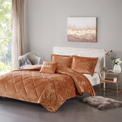 Olliix Felicia Velvet Comforter Set with Throw Pillow Rust