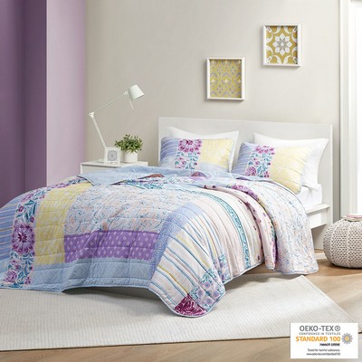 Olliix Emmaline Patchwork Printed Cotton Reversible Coverlet Set Blue/Purple